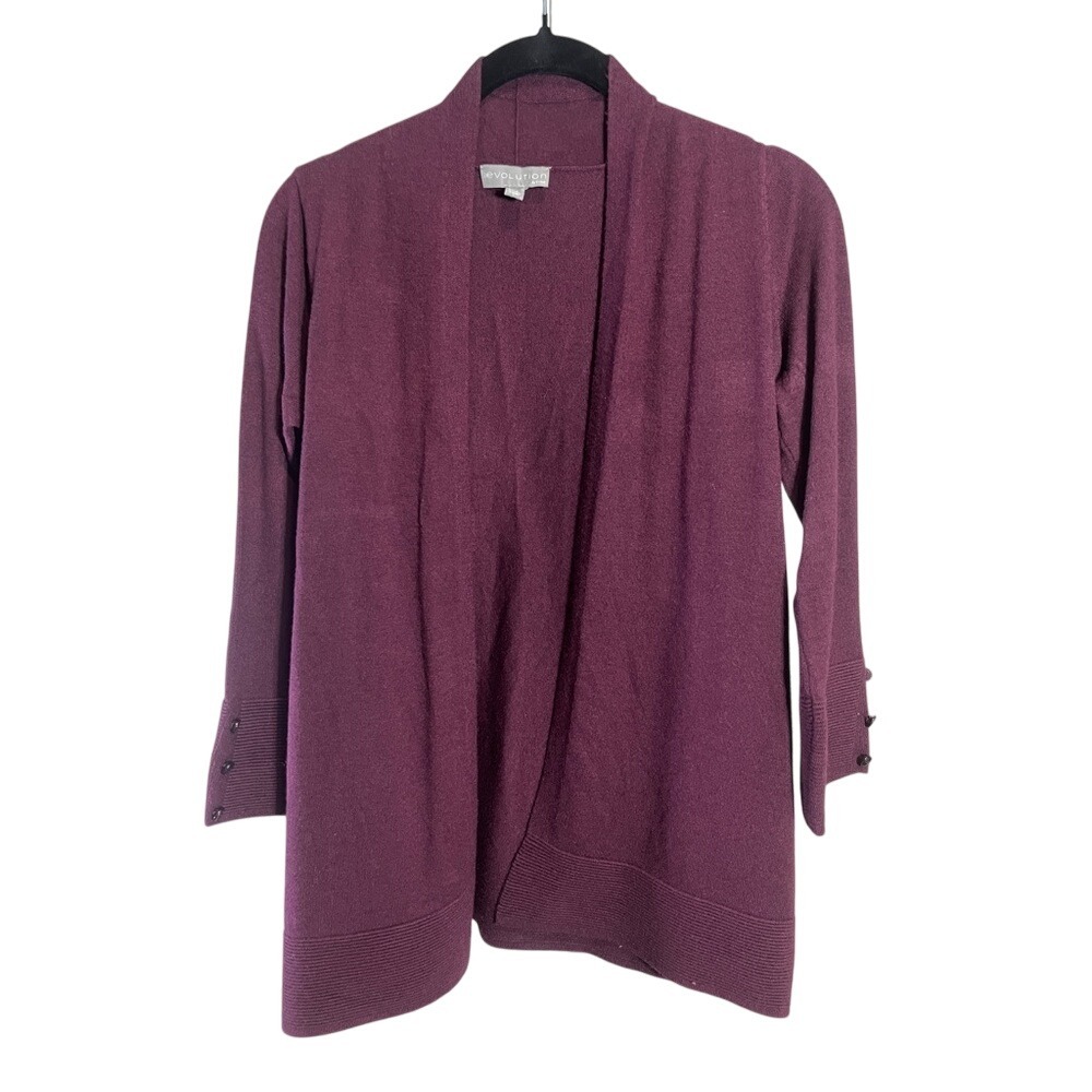 Evolution Plum Purple Knit Cardigan Sweater Button Cuff Open Front